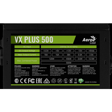 Блок питания ATX Aerocool 500W VX-500 PLUS 1xPCI-Exp (24+2x4+6/8pin) 3xSATA 3x MOLEX 120mm fan